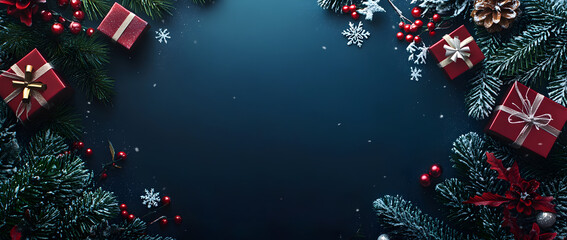Christmas background with present boxes, decorations, and snowflakes on a dark blue background. Christmas card concept. 