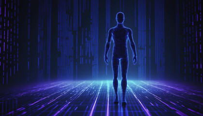 Silhouette humaine composée de lignes lumineuses et de code binaire, symbole de fusion entre l’humain et la technologie numérique