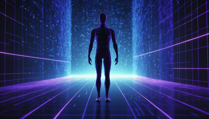 Silhouette humaine composée de lignes lumineuses et de code binaire, symbole de fusion entre l’humain et la technologie numérique