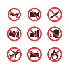 Prohibited Activities Icon Set Vector Illustration. Warning and Restriction Signs Concept Design