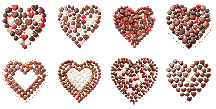 Chocolates Hearts: A collection of exquisite chocolates artfully arranged in heart shapes, symbolizing love, passion, and indulgence. It's a delectable visual feast for the senses.