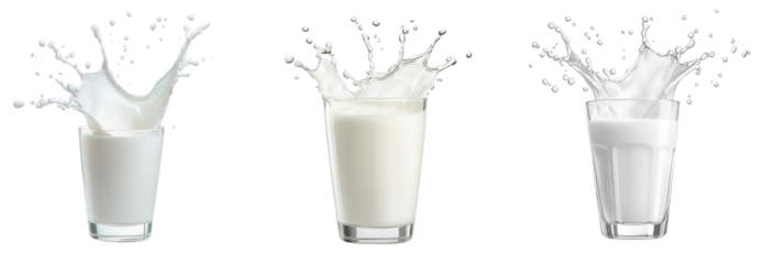 Milk Splash in Glasses: Capturing a moment of pure refreshment, three glasses are filled with creamy liquid, as dynamic splashes and sprays cascade upwards, a symbol of freshness and purity.