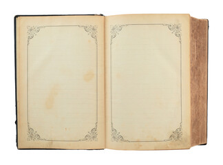 Naklejka premium Open antique book with blank pages decorated by ornamental frame, isolated on transparent background