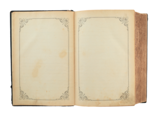 Open antique book with blank pages decorated by ornamental frame, isolated on transparent background