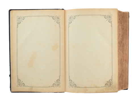 Open antique book with blank pages decorated by ornamental frame, isolated on transparent background