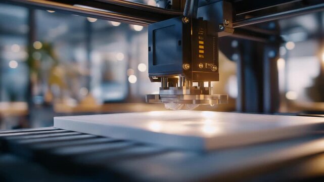 Close-up of a 3D printer extruding high-strength polymers under precise conditions, emotion of concentration and meticulous work visible, representing industrial fabrication, precision engineering,