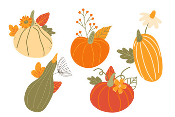 Colorful autumn pumpkins and forest leaves and flowers set. Vector illustration Isolated on white background. Seasonal harvest design for greeting or poster.
