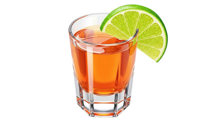 Isolated refreshing alcoholic shot of tequila in glass with a lime wedge on the rim