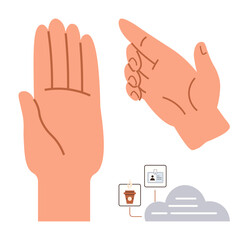 Open palm and pointing hand gesture alongside coffee cup linked to cloud storage and ID card. Ideal for technology, connectivity, cloud storage, communication, ID management, gestures, simple flat