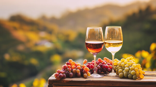 vineyard. Glasses of red and white wine with ripe grapes on a wooden table in a rustic vineyard setting. bar promotions, beverage menus, designed for food & beverage menus and cafe branding.