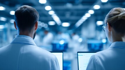 In a contemporary industrial setting, scientists are engaged in focused research, analyzing data on computer screens within a spacious facility illuminated by bright lights