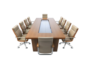 Elegant executive conference room with a wooden table and beige leather chairs