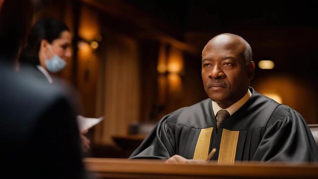 Courtroom scene with judge declaring prohibition on specific activity, emotion of solemn authority visible, symbolizing judicial decision-making, legal restrictions, and civic rule enforcement.