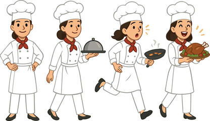 Female Chef Character Set in Various Cooking Poses — Cartoon Style Illustration