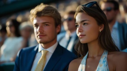 Elegant Wimbledon audience in formal summer attire watching intense match, emotion of admiration and suspense visible, representing luxury sports culture, tradition, and social prestige. cinematic