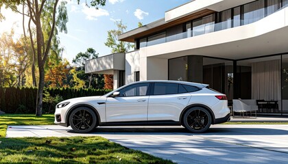 White Luxury Electric SUV parked in front of a modern white house with large windows on a sunny day with lens flare.
