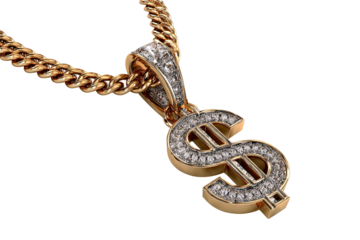 Gold chain with a diamond-encrusted dollar sign pendant against black
