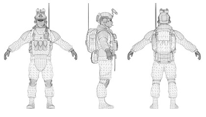 A soldier in full uniform strikes a confident pose while carrying a military bag and wearing a helmet. The 3D model is presented on a clean white background.