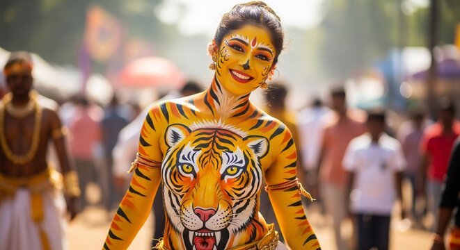 Smiling woman in tiger body paint celebrates Onam as Puli Kali performer