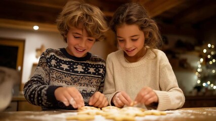 Festive kitchen scene with children decorating Christmas cookies under warm lights, emotion of laughter and togetherness visible, symbolizing home holiday joy, sweet family activities, and creative - Powered by Adobe
