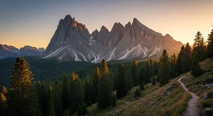 Majestic mountain range at sunset with forest and winding pathway landscape
