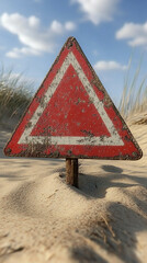 A blank metal road sign half-buried in sand under a bright sky, symbolizing lost direction, forgotten paths, and the passage of time. Hyperrealistic detail evokes desolation, memory, and resilience.