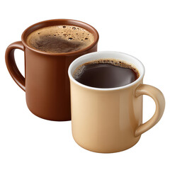 Cozy pair of brown and beige coffee mugs filled with hot, aromatic morning drink. This duo of beverages, black coffee and an espresso, sit isolated on background