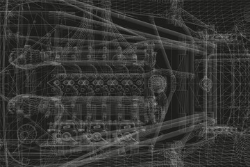 Sports car engine 3D wireframe model on black background, detailed blueprint view with mechanical parts and transparent design.