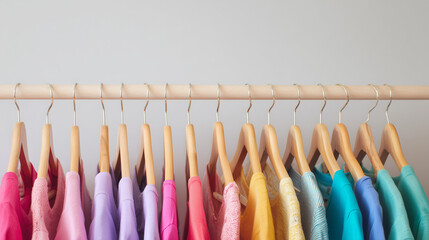 hangers. Colorful clothing arranged on wooden hangers in soft rainbow tones, minimalist studio setting. lifestyle magazines, social media lookbooks, designed for influencer and brand collaborations.