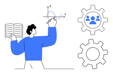 Individual holding book, drawing graph with pen gears featuring people, teamwork. Ideal for learning, analytics, collaboration, strategy, mechanics planning organization. Simple flat metaphor