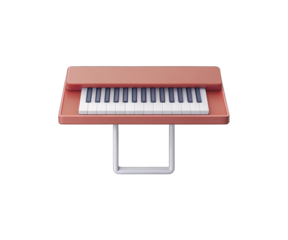 Minimalist coral keyboard instrument, floating on black background with white metal stand