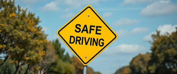 A bright yellow diamond-shaped road sign with black lettering indicating safe driving,  warning sign,  traffic