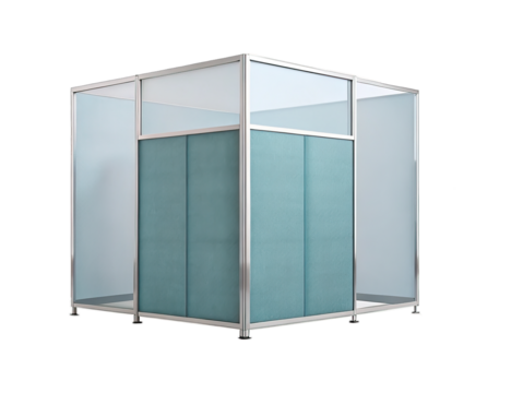 Modern office space with frosted glass and teal paneling offers privacy