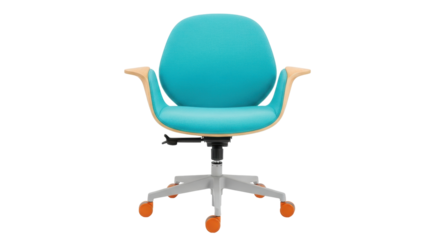Isolated colorful office chair with blue fabric and wood trim, on a white seamless backdrop