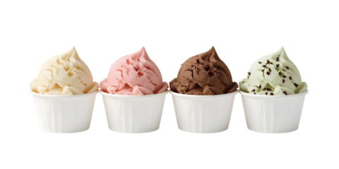 Tempting Treats: A vibrant selection of four delectable ice cream flavors, each served in its own pristine cup, enticing the senses with a symphony of creamy textures and delightful tastes. 