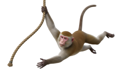 Isolated Monkey swinging from a rope, primate climbing animal, hanging tropical jungle wildlife
