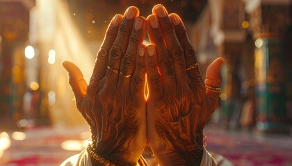 Serene hands folded in prayer bathed in golden light, a moment of spirituality and hope, perfect for conveying faith and compassion in your project