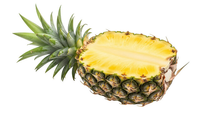 Isolated juicy halved pineapple fruit with leafy top showing golden-yellow interior flesh