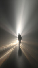 Hyperrealistic image of a blurred figure crossing a beam of light creating motion effect and dramatic atmosphere symbolizing speed, mystery, and cinematic storytelling