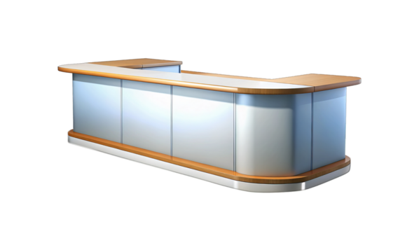 An isolated reception desk with wooden trim and silver panels on black