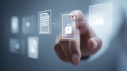Futuristic file icon interface with locked document and hand gesture selecting secure file, conveying data protection and digital workflow efficiency