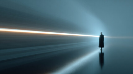 Fototapeta premium Hyperrealistic image of a blurred figure crossing a beam of light creating motion effect and dramatic atmosphere symbolizing speed, mystery, and cinematic storytelling