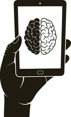 Minimalist black and white vector illustration of a hand holding a tablet displaying a split brain silhouette vector illustration white background