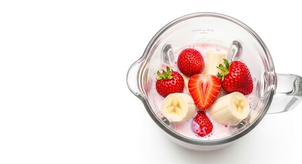 Strawberry banana smoothie recipe healthy breakfast drink blender fruit ingredients white background top view