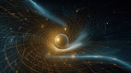 realistic scientific visualization of gravitational waves from the Sun, spacetime curvature grid around a glowing solar sphere, luminous gravity