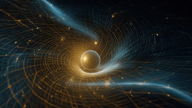 realistic scientific visualization of gravitational waves from the Sun, spacetime curvature grid around a glowing solar sphere, luminous gravity