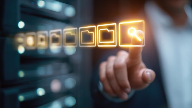 Man pointing at glowing folder icon and search symbol in server room, illuminated touchscreen interface conveying data access and cybersecurity concept, focused interaction and discovery