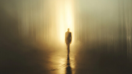 Hyperrealistic image of a blurred figure crossing a beam of light creating motion effect and dramatic atmosphere symbolizing speed, mystery, and cinematic storytelling