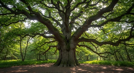 Obraz premium Majestic tree with sprawling branches in a vibrant natural environment