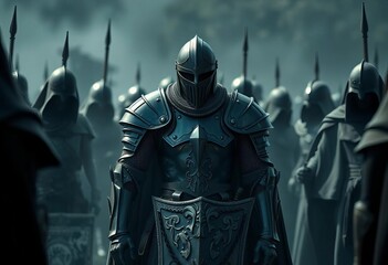 Fototapeta premium A lone black knight, armor battered, encircled by shadowy figures, vulnerable, trapped